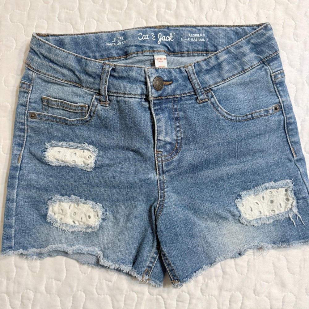 GIRLS Kids L 10/12 Shorts Blue Distressed Eyelet Lace Super Stretch SCHOOL DENIM